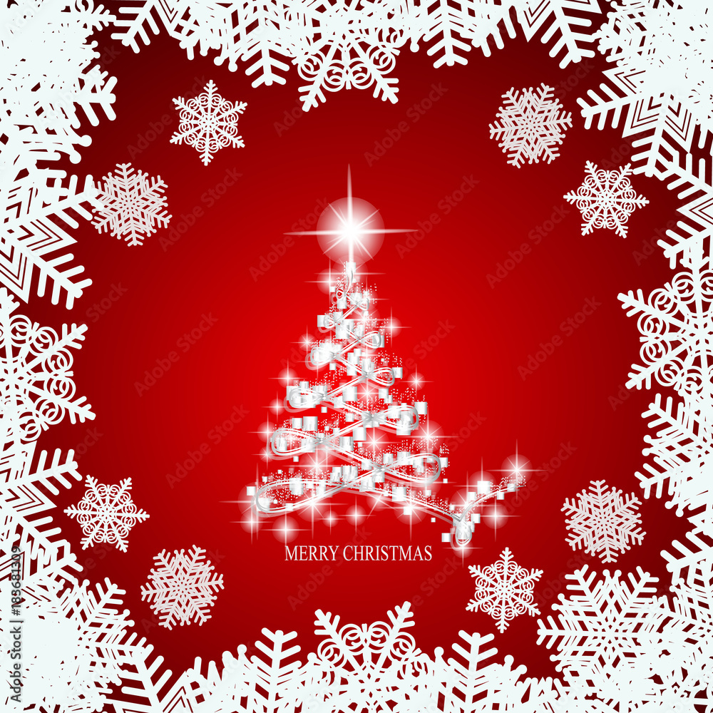 Abstract background with white christmas tree , snowflakes and stars. Illustration in red and white colors. Vector illustration. Abstract background with white christmas tree , snowflakes and stars. Illustration in red and white colors. Vector illustration.