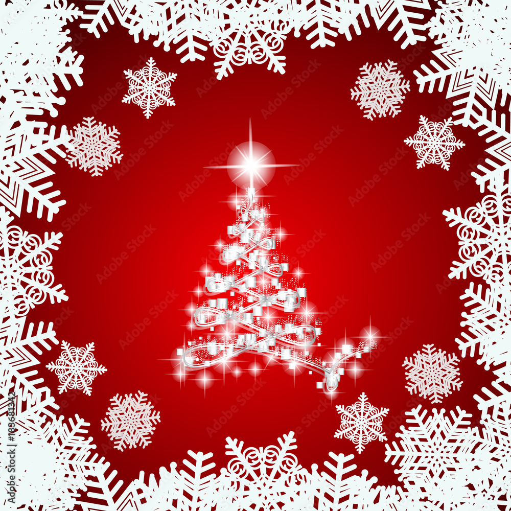 Abstract background with white christmas tree , snowflakes and stars. Illustration in red and white colors. Abstract background with white christmas tree , snowflakes and stars. Illustration in red and white colors.