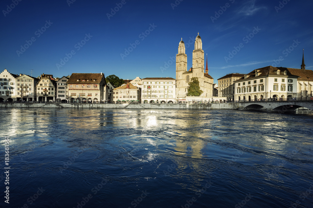 Zurich city center with famous Grossmunster and river Limmat, Switzerland