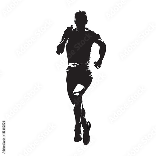 Running man, abstract vector silhouette. Front view marathon runner