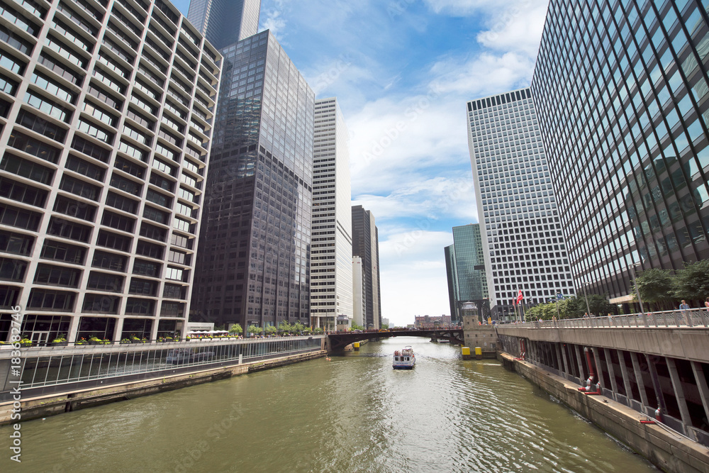 Northern Riverwalk on North Branch Chicago River in Chicago, Illinois