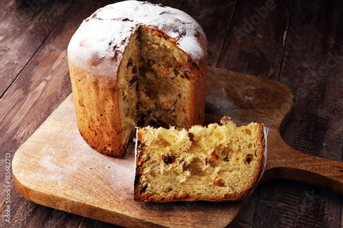 Classic panettone with dried fruit ,traditional Italian Christmas cake