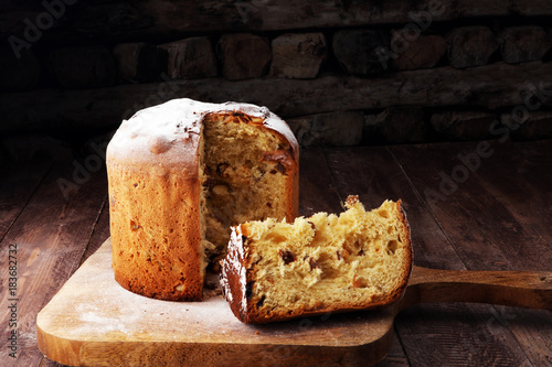 Classic panettone with dried fruit ,traditional Italian Christmas cake