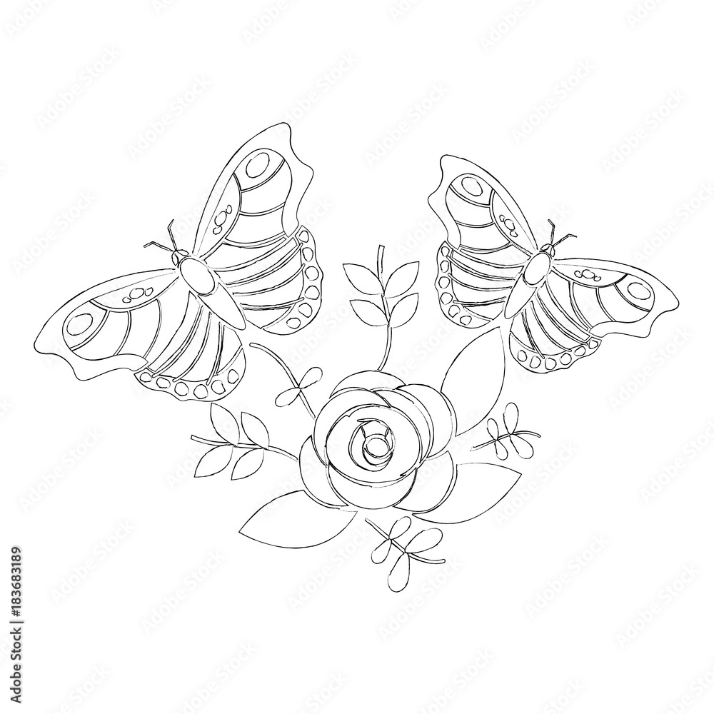 butterflies with flower leaves floral ornament vector illustration