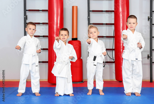 Małe dzieci ćwiczące karate w dojo