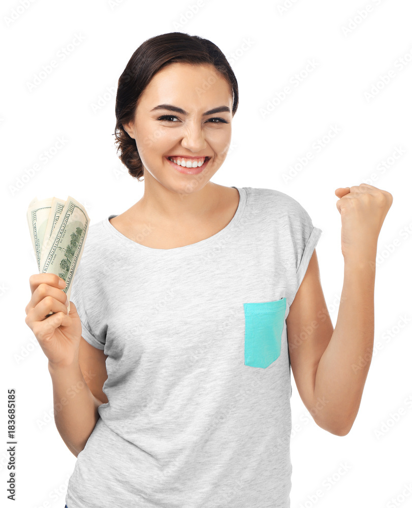 Young woman holding cash on white background Young woman holding cash on white background
