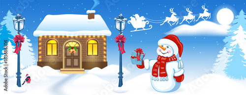 Wallpaper Mural Christmas card with funny Snowman and Santa's workshop against winter forest background Torontodigital.ca