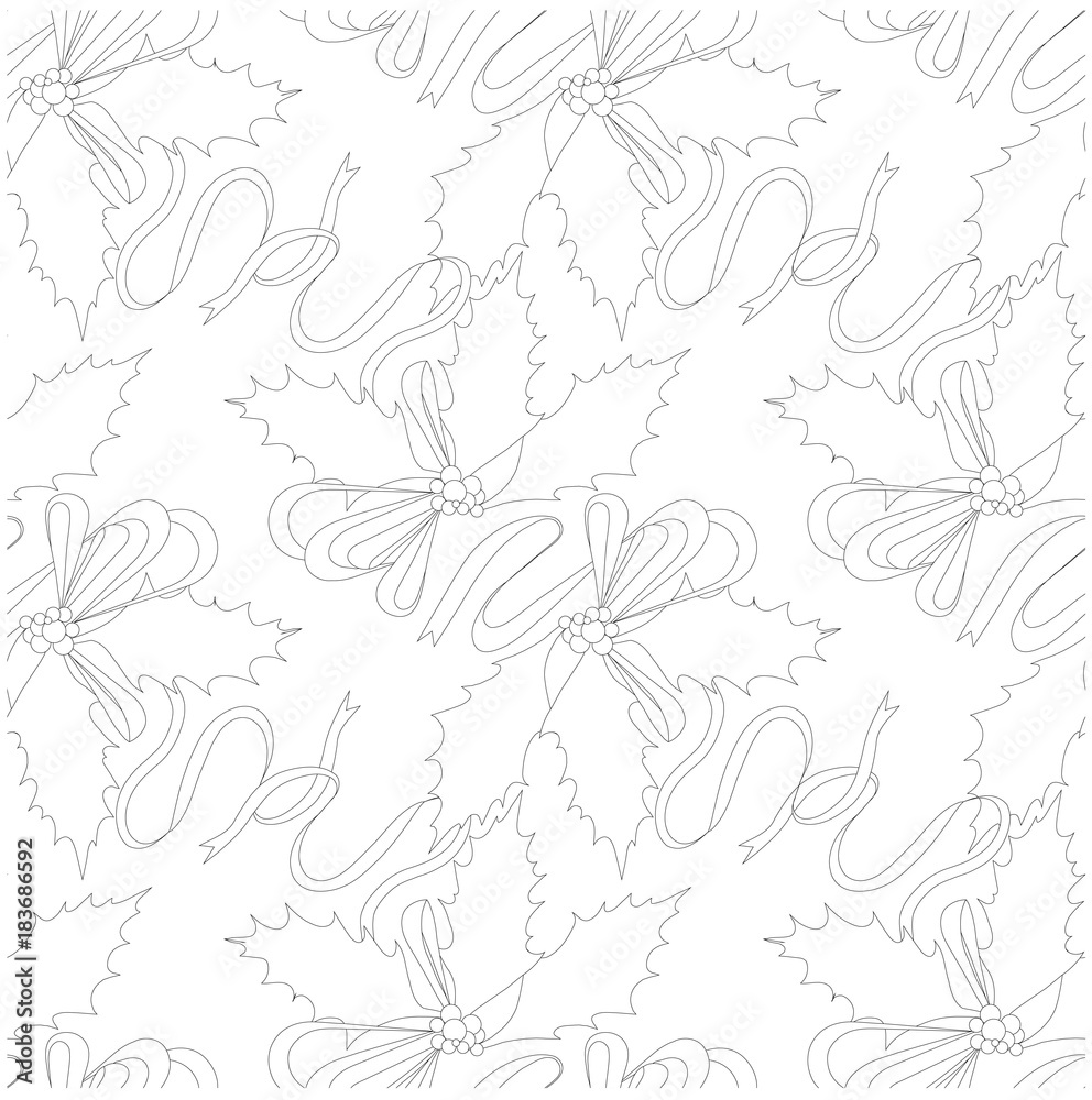 Fototapeta premium Monochrome hand drawn holly seamless pattern, leafs, berry on black stock vector illustration