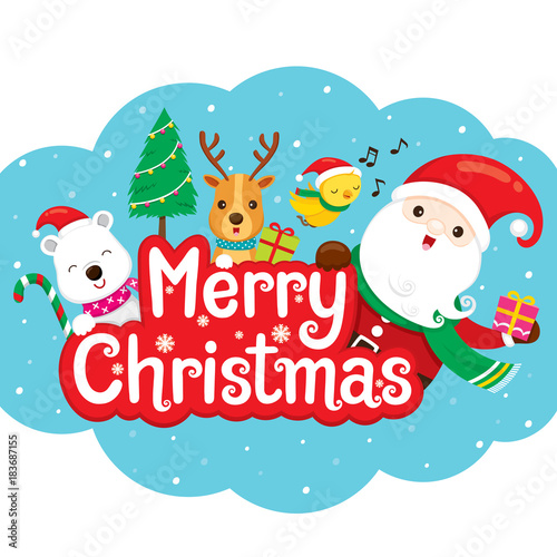 Santa Claus, Reindeer And Friend On Merry Christmas Banner, Xmas, Happy New Year, Objects, Animals, Festive, Celebrations