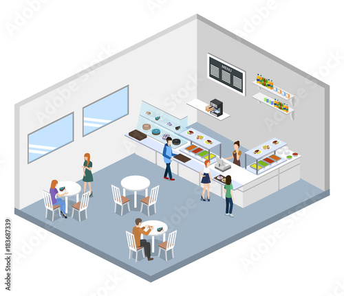 Isometric 3D vector illustration concept of confectionery or canteen with visitors