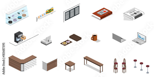 Isometric 3D vector illustration set of object for making coffee shop or canteen