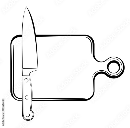 A sharp knife and a cutting board in the kitchen of the restaurant. Black and white logo blank. The process of cooking. Copy space.