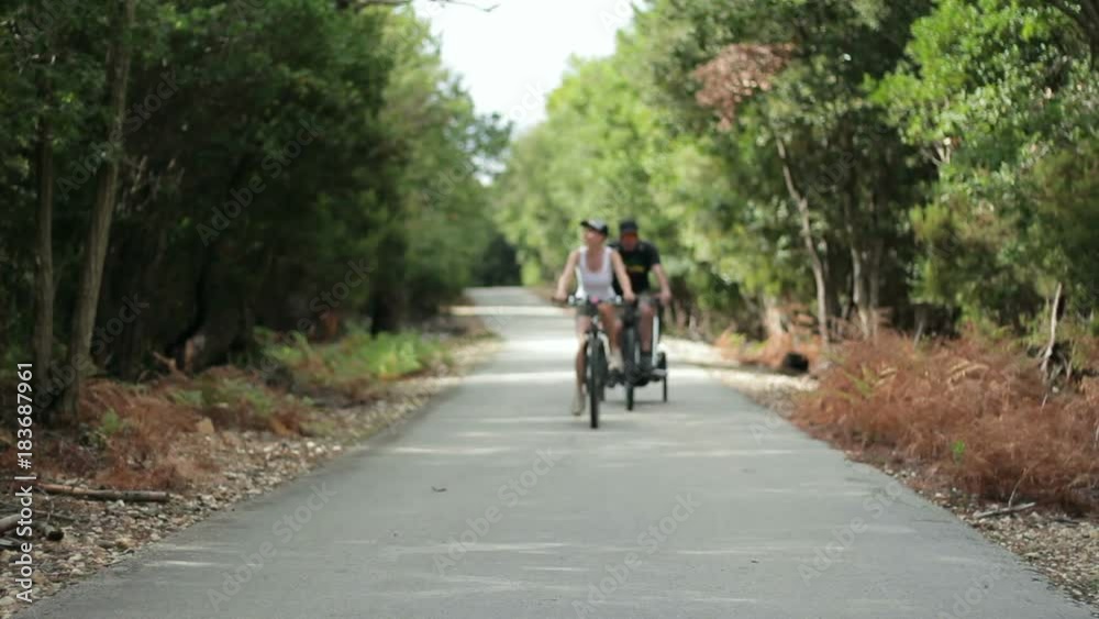 Man and woman riding bicycle with his child in a bicycle trailer in the forest