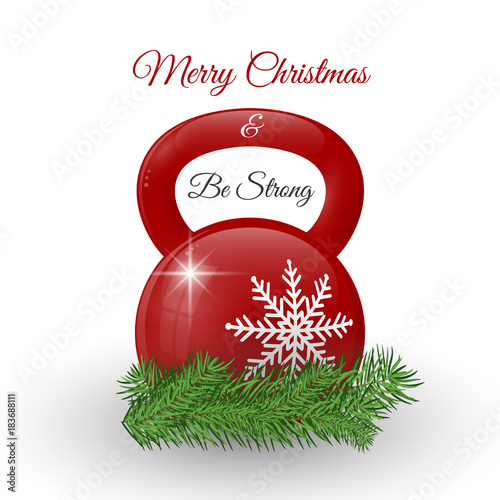 Christmas and New Year greeting card with kettlebell and pine branches