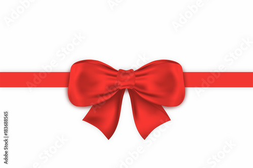 Realistic red gift bow with horizontal ribbon. Decorative satin gift bow isolated on white background