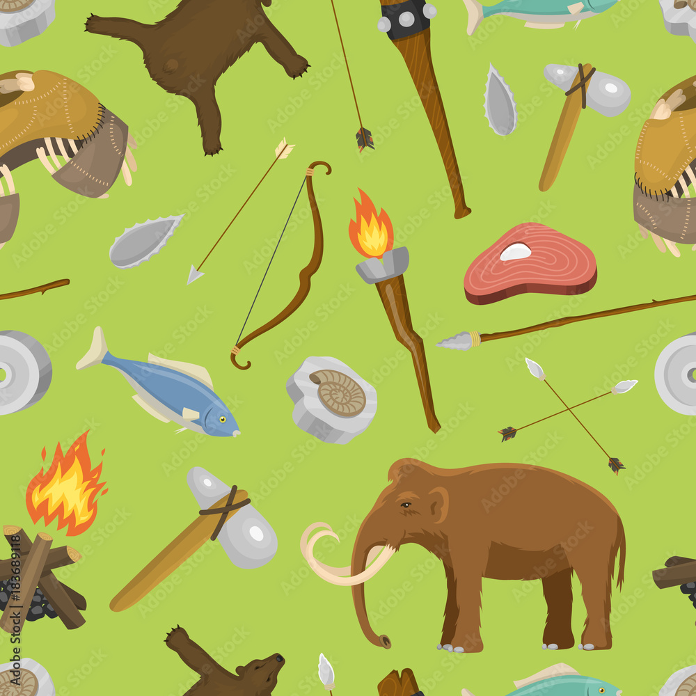 Fototapeta premium Stone age aboriginal primeval historic hunting primitive stoneage caveman people weapon and house life symbols vector illustration seamless pattern background