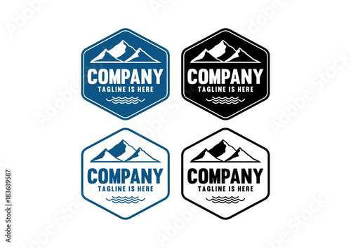 Simple Black and Blue Hill Mountain and Wave on the Ocean Vintage Hexagon Logo Company Set