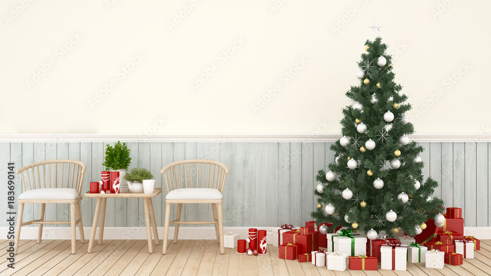 Fototapeta premium living area with christmas tree and gift box in living room - artwork for Christmas day or happy new year- 3D Rendering