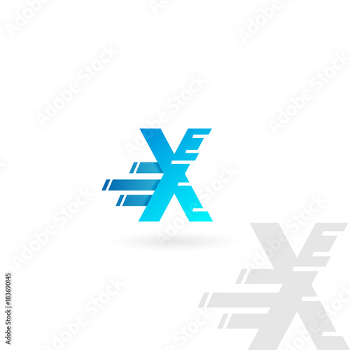 Letter X logo. Blue distorted vector icon. Speed concept font.