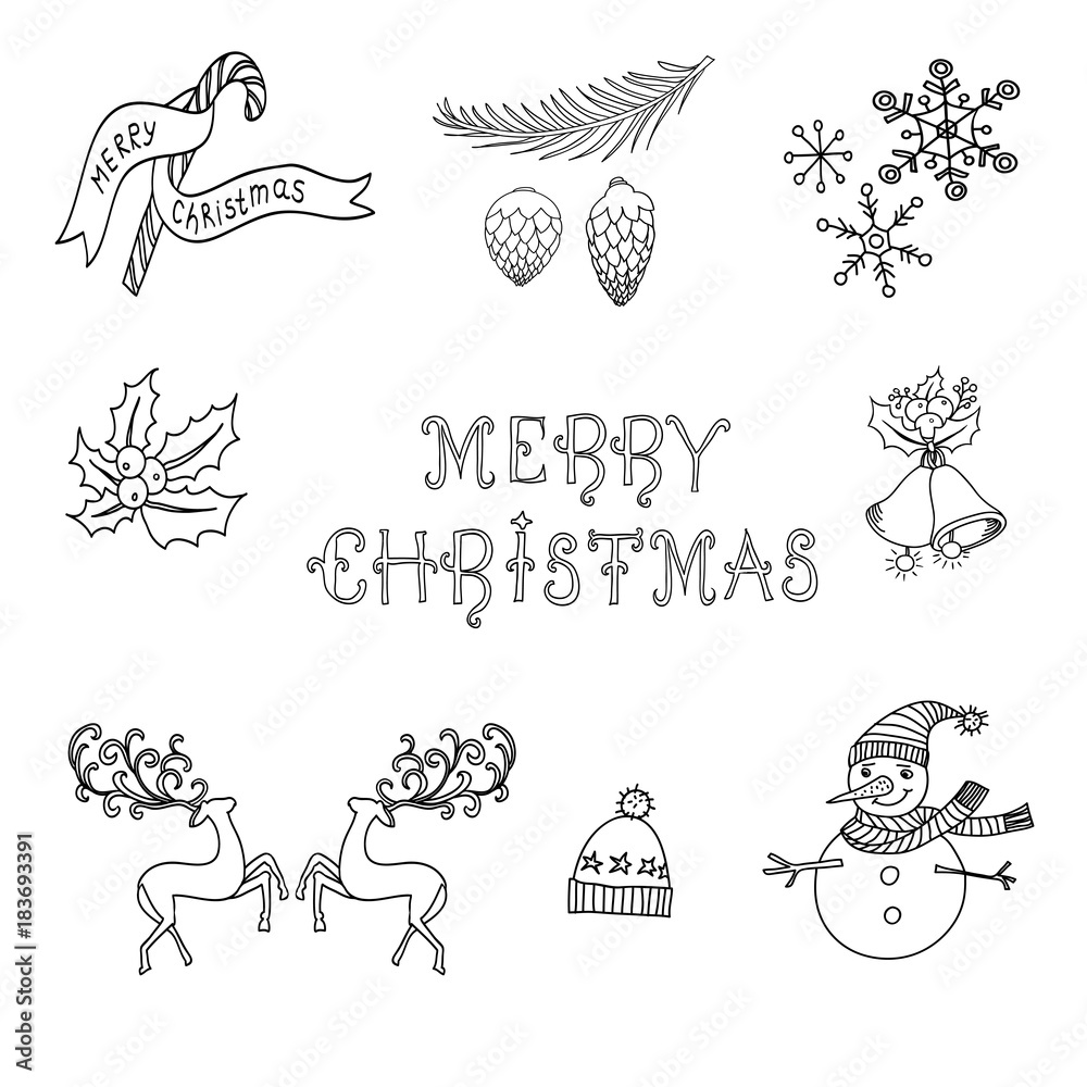 Merry Christmas Set of Doodle Icons for New Year Season. Black and White Illustration