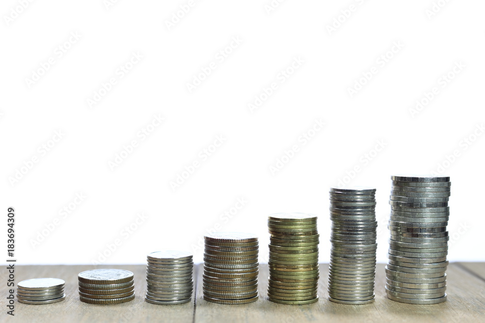 isolated coin pile stacked in increasing chart shape on white background isolated coin pile stacked in increasing chart shape on white background