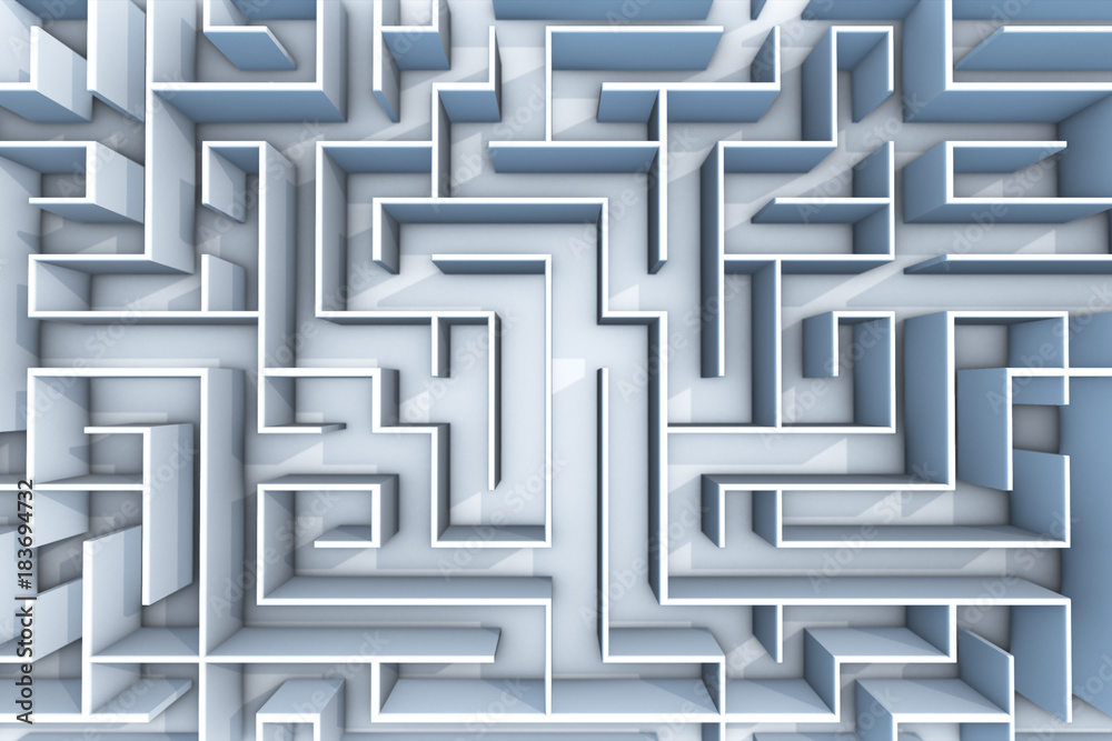 3d illustration flight over endless maze with illuminated blue walls 3d illustration flight over endless maze with illuminated blue walls