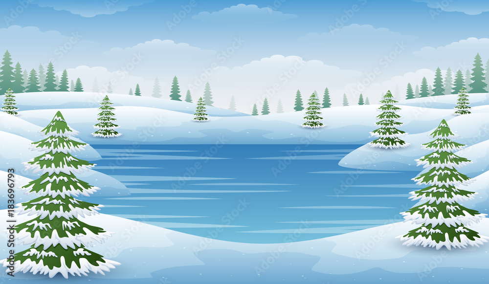 Obraz premium Winter landscape with frozen lake and fir trees