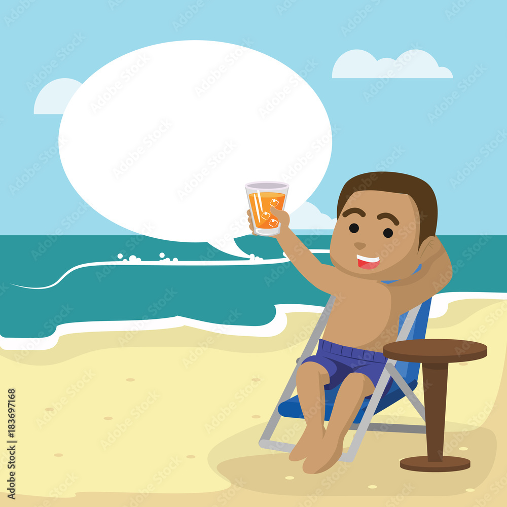 Boy relaxing on beach with callout and drinking