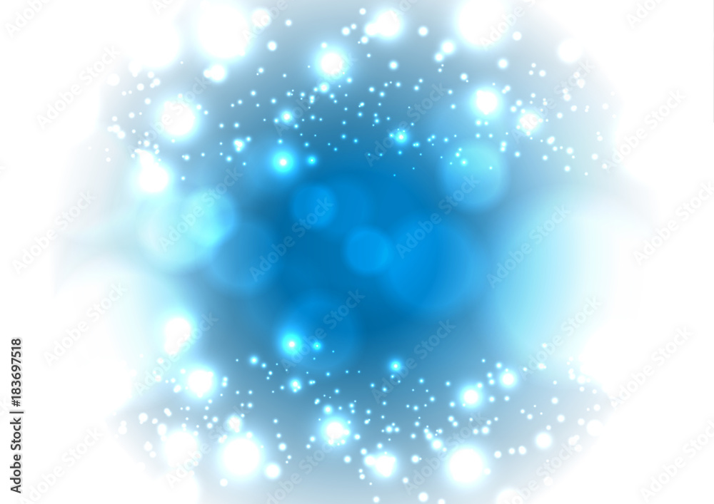 Christmas magic snowy blue background. Glowing fall snow circle bokeh backdrop.illustration vector design