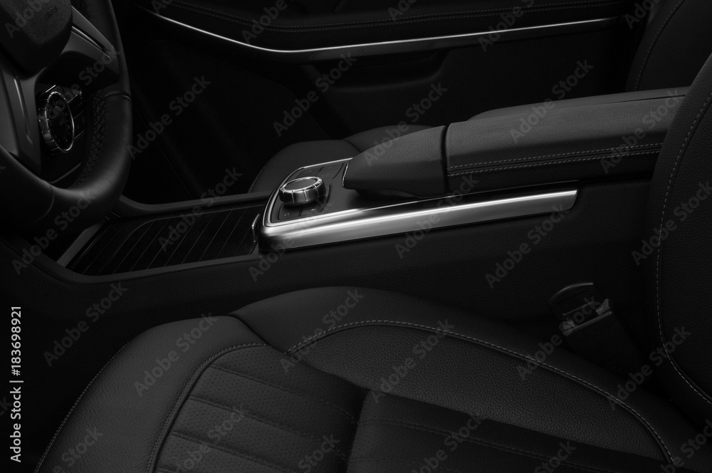 Modern, luxury car interior background. Black and white.