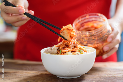 Korean food,instant noodle with kimchi cabbage 
