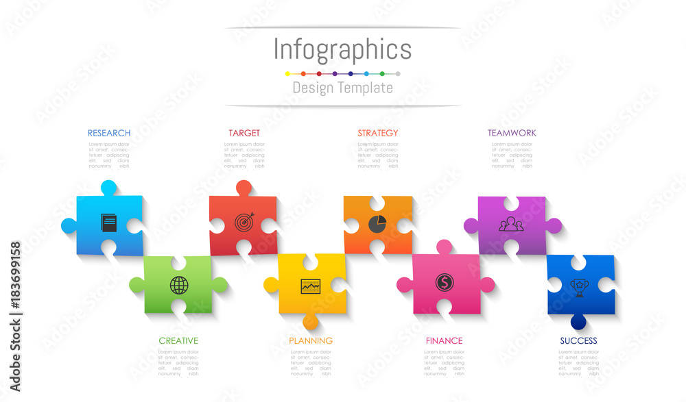 Naklejka Infographic design elements for your business data with 8 options, parts, steps, timelines or processes. Jigsaw puzzle concept, Vector Illustration.