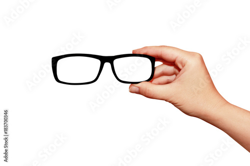 close-up of glasses of a human hand isolated on a white background