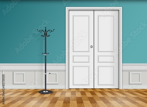 Closed white door with lantern and wooden parquet floor isolated on blue wall background