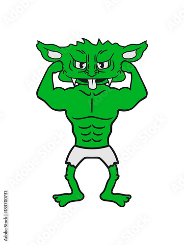 stark posen muskeln bodybuilder fitness training trainieren gnom frech klein monster horror halloween b  se ork troll comic cartoon clipart