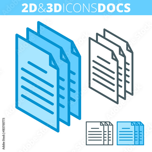 The paper document pile. Flat and isometric 3d outline icon set. The docs, office supply line illustration collection. Vector linear infographic elements for web design, social media, presentations.