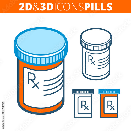 The pill bottle. Flat and isometric 3d outline icon set. The pharmacy, cure, drug, orange container line pictogram. Vector linear infographic elements for web design, social media, presentations.