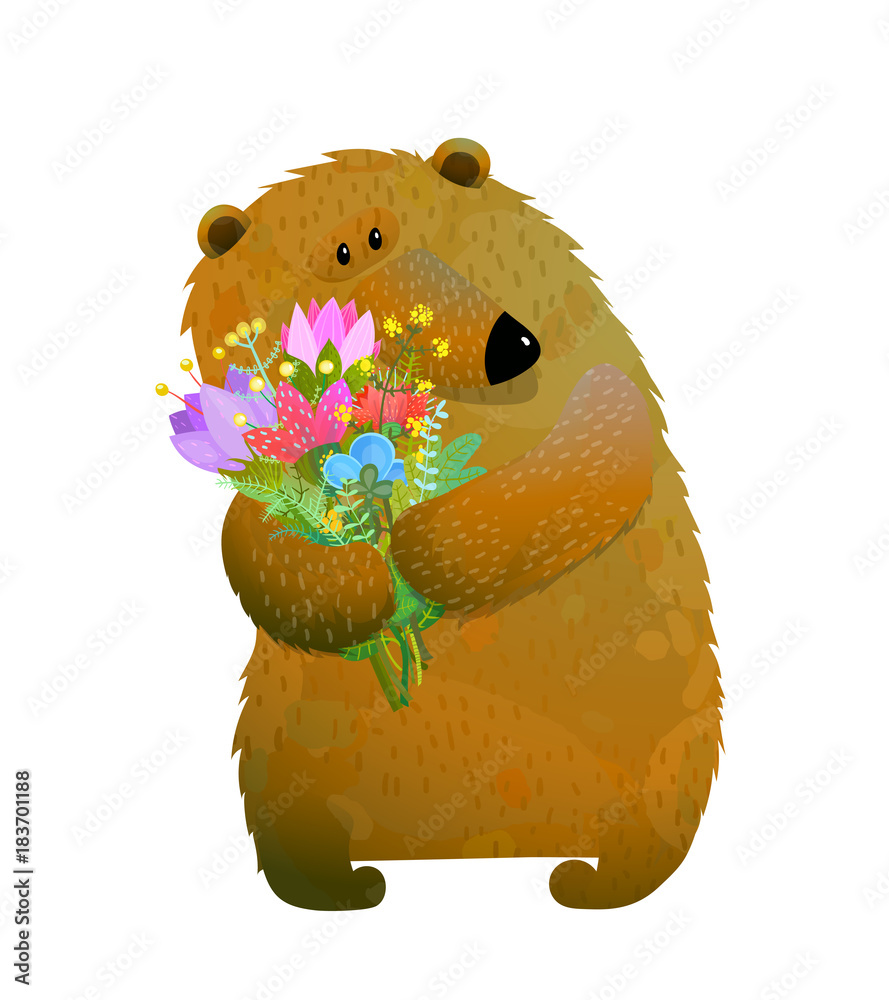 Obraz premium Isolated wild bear with flowers. Vector illustration.