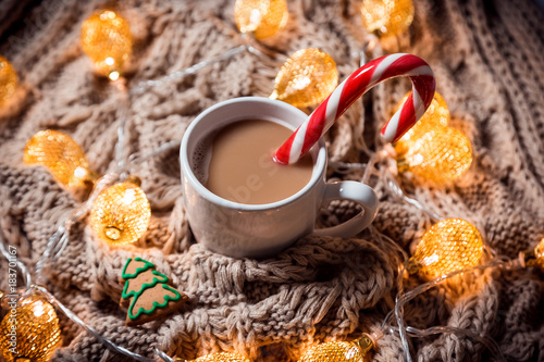 Christmas background coffee in a white cup and gingerbread with candy tree on a brown knitted winter scarf and a glowing golden garland. Beautiful concept of home warmth