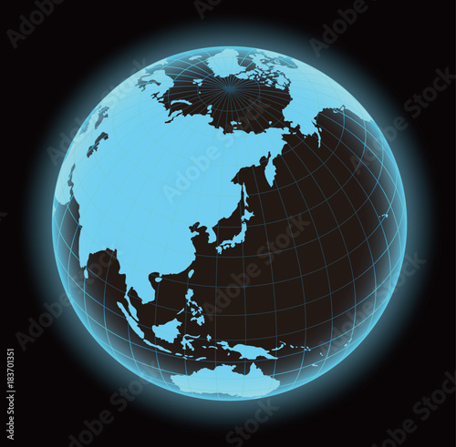 glowing world map vector illustration (globe / sphere). focus on Japan and east asia. 
