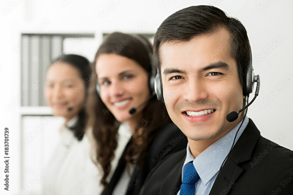 Smiling telemarketing customer service agent team, call center job concept