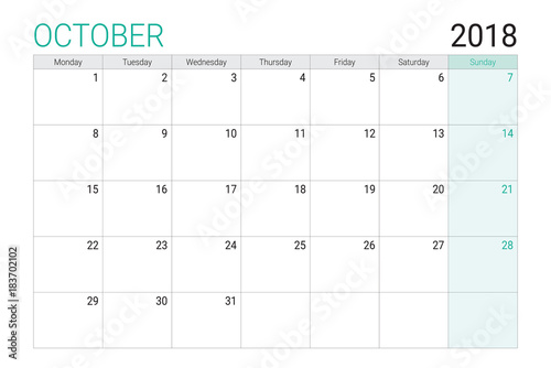 2018 October calendar or desk planner, weeks start on Monday
