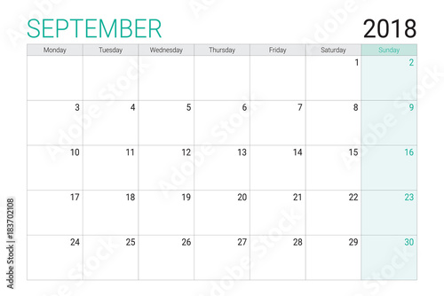2018 September calendar or desk planner, weeks start on Monday