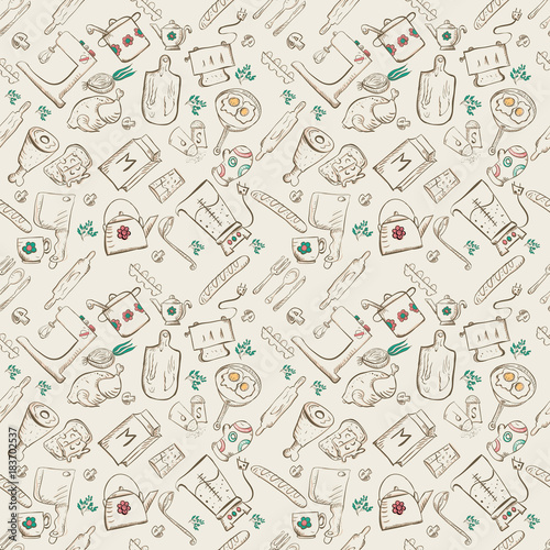 vector seamless pattern of sketch for kitchen accessories and food..