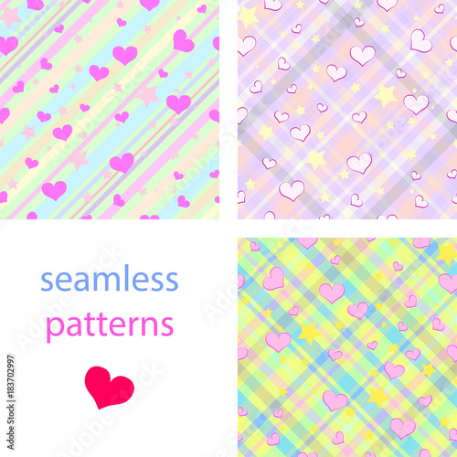 Bright seamless pattern with colorful stripes, stars and hearts for girls