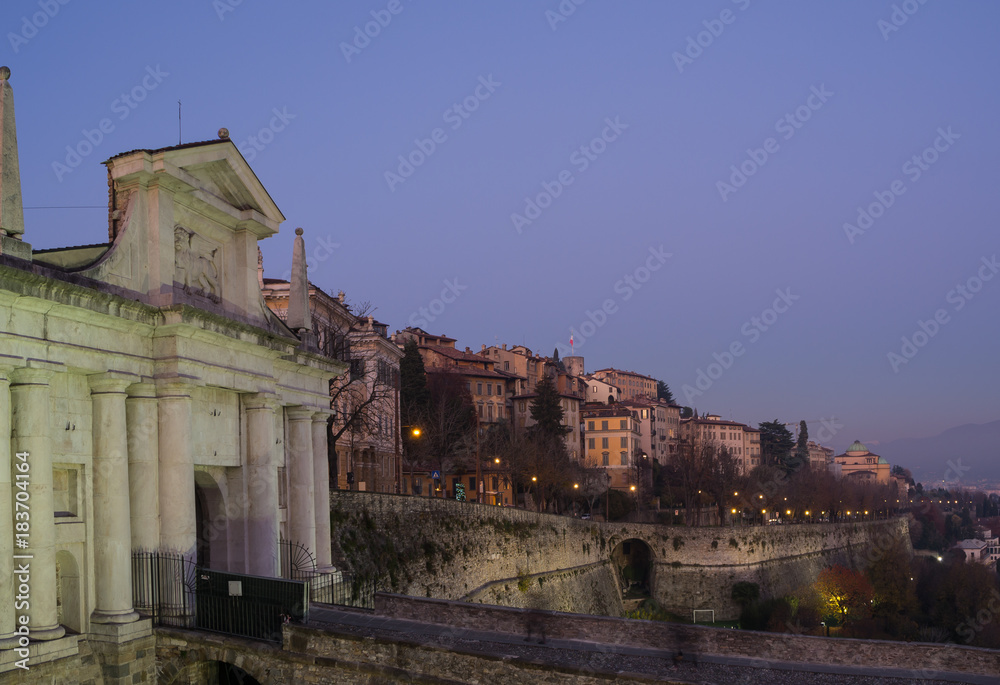 Bergamo - Old city. One of the beautiful city in Italy. Lombardia. Landscape on the old gate named Porta San Giacomo during the night. Venetian walls of Bergamo.