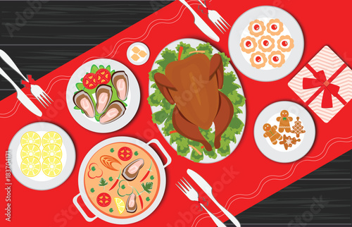 Christmas food on the table, table for festive holiday romantic dinner.