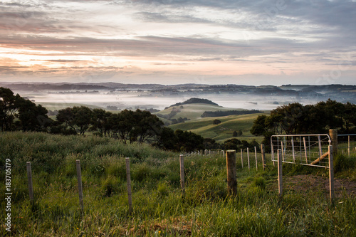 farm sunrise morning rolling hills fog