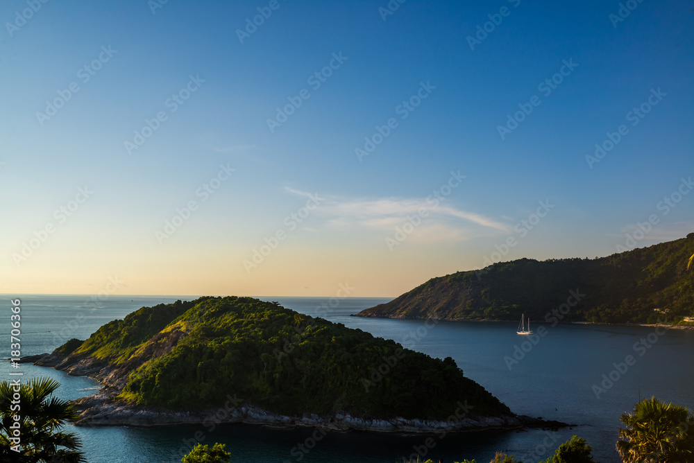Koh Keaw Yai Island view from Leam PromThep Cape and Sea with yacht in Phuket, Amazing Thailand
