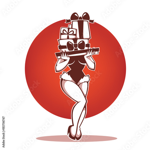 Pinup Marry Christmas and happy new year girl image with present boxes